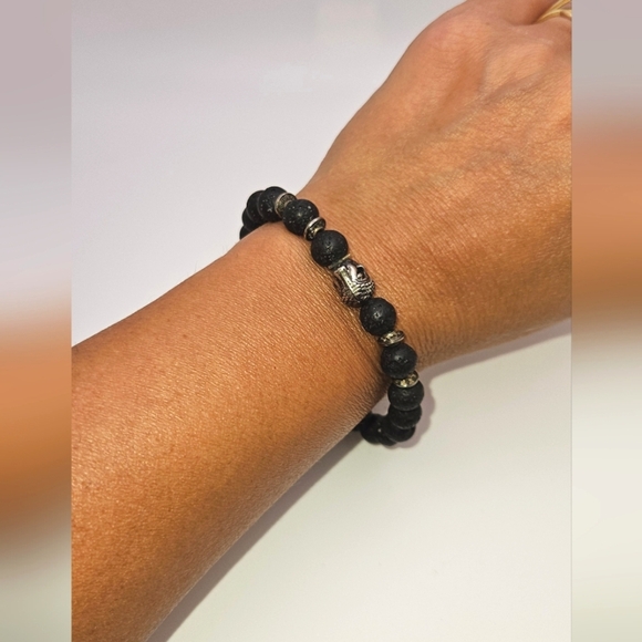 ๐ข3/$19๐ข Buddha Lava Bead Stretch Bracelet Black Silver Unisex - Picture 1 of 5